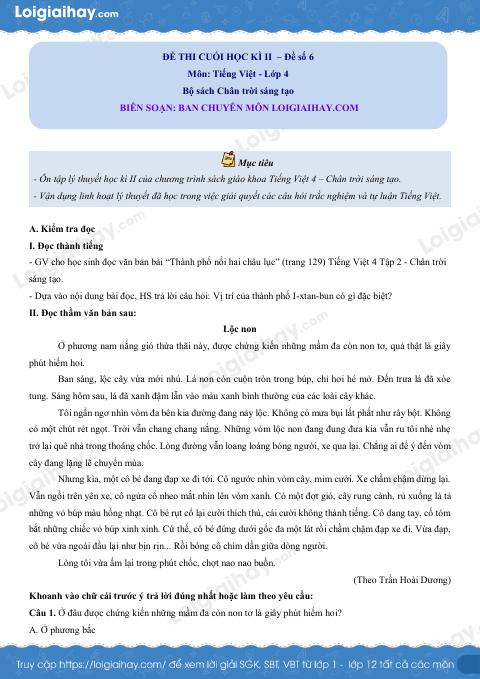 Đề thi học kì 2 Tiếng Việt 4 CTST - Đề số 6